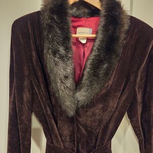 Erica Vintage Faux Suede Women's Coat Faux Fur Collar Brown Chic Made In USA